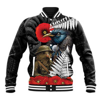 Kiwi-Tui Bird Soldier ANZAC Day Personalised Baseball Jacket Maori Silver Fern Motif LT9 Unisex Black - Polynesian Pride