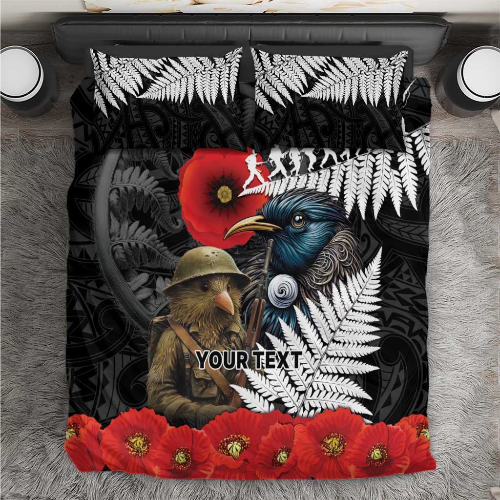 Kiwi-Tui Bird Soldier ANZAC Day Personalised Bedding Set Maori Silver Fern Motif LT9 Black - Polynesian Pride