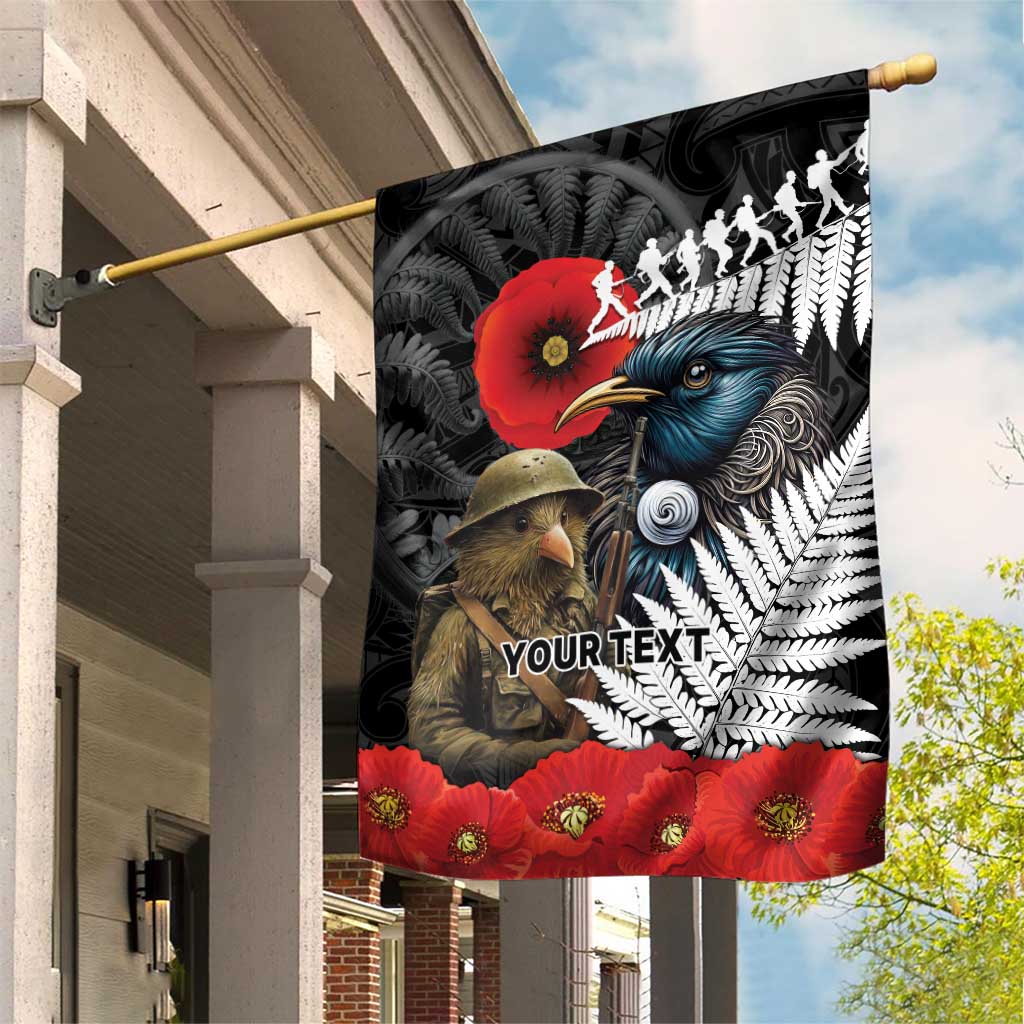 Kiwi-Tui Bird Soldier ANZAC Day Personalised Garden Flag Maori Silver Fern Motif LT9 House Flag Black - Polynesian Pride
