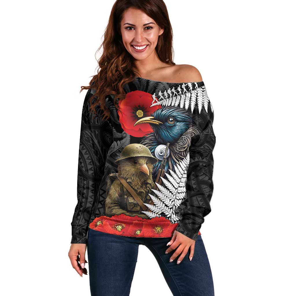 Kiwi-Tui Bird Soldier ANZAC Day Personalised Off Shoulder Sweater Maori Silver Fern Motif LT9 Women Black - Polynesian Pride