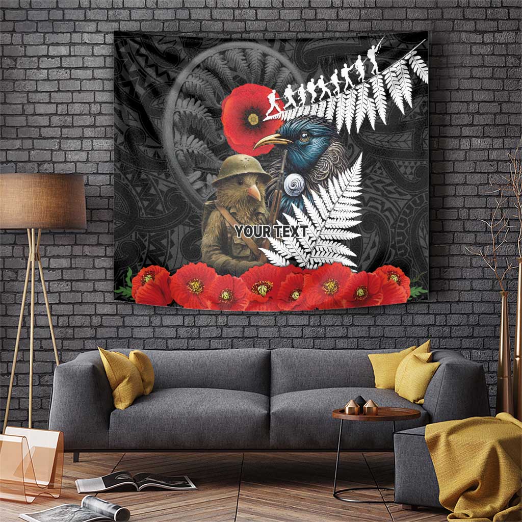 Kiwi-Tui Bird Soldier ANZAC Day Personalised Tapestry Maori Silver Fern Motif LT9 Black - Polynesian Pride