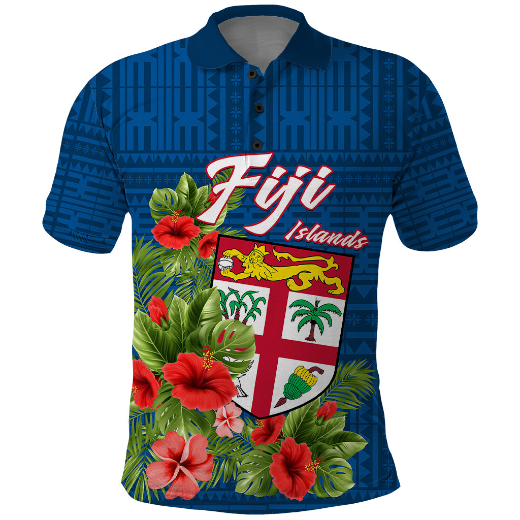 Polynesian Pride Fiji Polo Shirt Tropical Flowers and Tapa Pattern LT9 Blue - Polynesian Pride