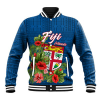 Personalised Fiji Baseball Jacket Tropical Flowers and Tapa Pattern LT9 Unisex Blue - Polynesian Pride
