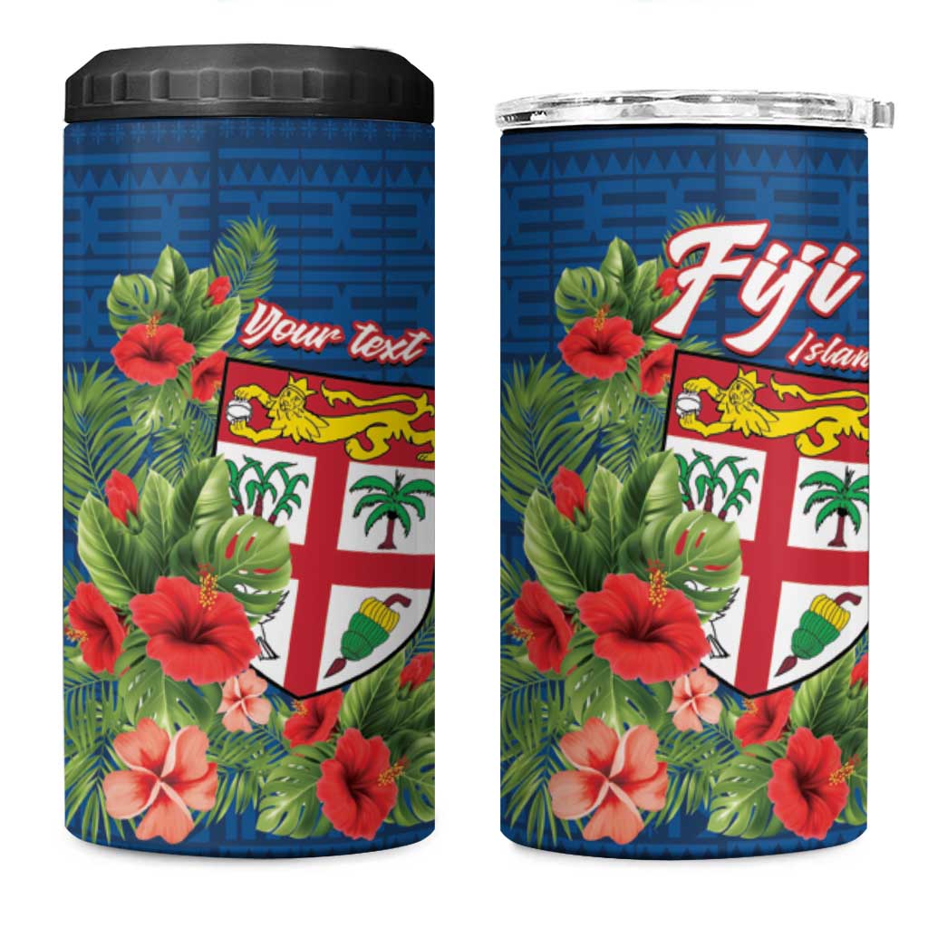 Personalised Fiji Island Tropical Flowers and Tapa Pattern 4 in 1 Can Cooler Tumbler LT9 One Size: 16 oz Blue - Polynesian Pride