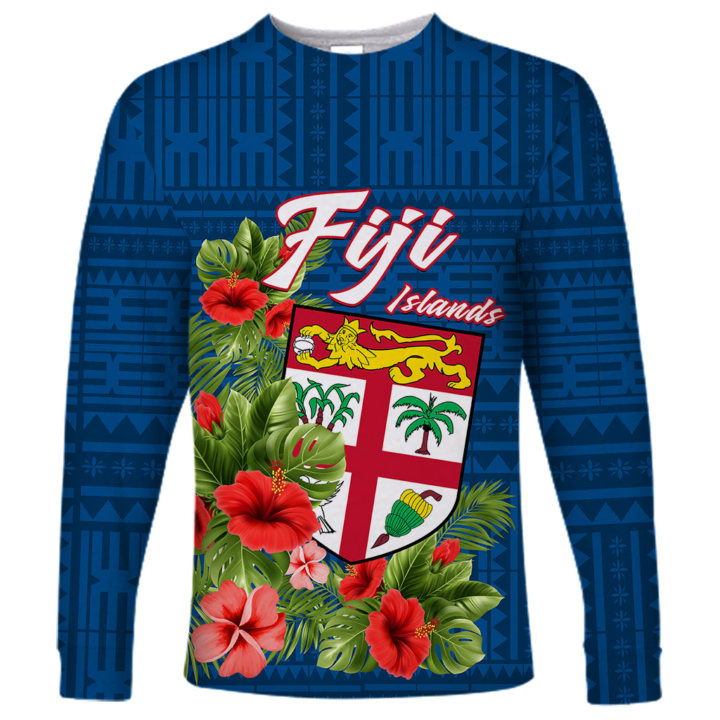 Personalised Fiji Long Sleeve Shirt Tropical Flowers and Tapa Pattern LT9 Unisex Blue - Polynesian Pride