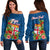 Personalised Fiji Off Shoulder Sweater Tropical Flowers and Tapa Pattern LT9 Women Blue - Polynesian Pride