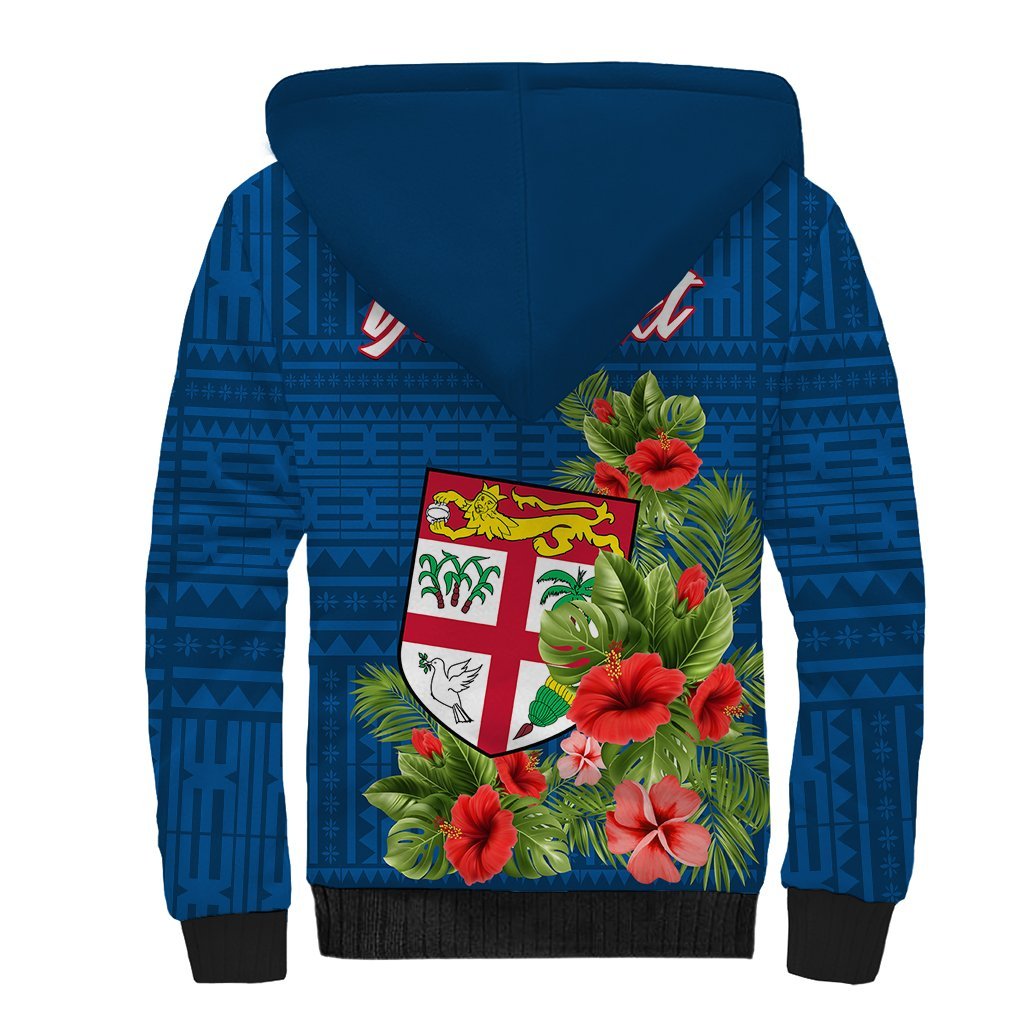 Personalised Fiji Sherpa Hoodie Tropical Flowers and Tapa Pattern LT9 - Polynesian Pride