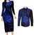 Polynesian Guam Coat of Arms Couples Matching Long Sleeve Bodycon Dress and Long Sleeve Button Shirt Polynesian Tribal Tattoo Blue Version