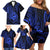 Polynesian Guam Coat of Arms Family Matching Off Shoulder Short Dress and Hawaiian Shirt Polynesian Tribal Tattoo Blue Version