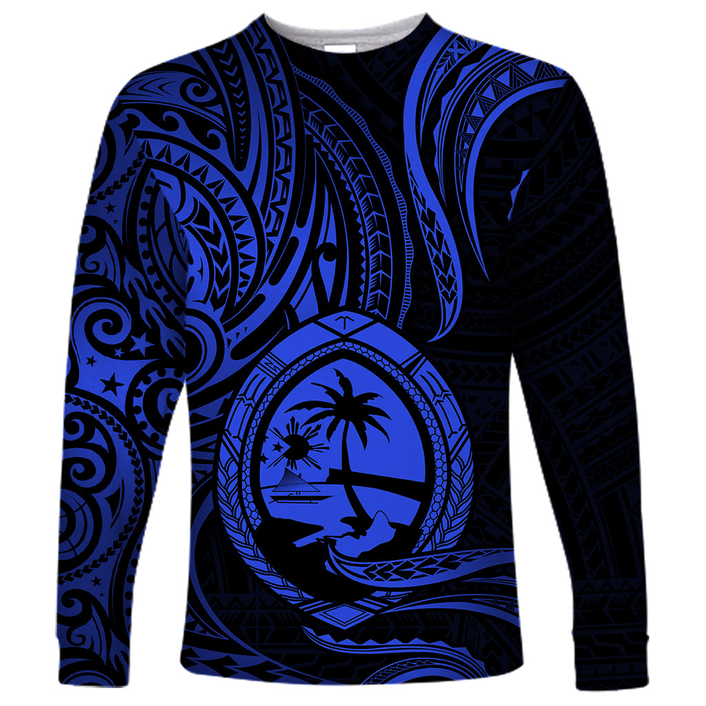 Polynesian Pride Guam Long Sleeve Shirt With Polynesian Tribal Tattoo and Coat of Arms Blue Version LT9 Unisex Blue - Polynesian Pride