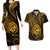 Polynesian Guam Coat of Arms Couples Matching Long Sleeve Bodycon Dress and Hawaiian Shirt Polynesian Tribal Tattoo Gold Version