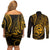 Polynesian Guam Coat of Arms Couples Matching Off Shoulder Short Dress and Long Sleeve Button Shirt Polynesian Tribal Tattoo Gold Version