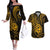 Polynesian Guam Coat of Arms Couples Matching Off The Shoulder Long Sleeve Dress and Hawaiian Shirt Polynesian Tribal Tattoo Gold Version