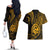 Polynesian Guam Coat of Arms Couples Matching Off The Shoulder Long Sleeve Dress and Hawaiian Shirt Polynesian Tribal Tattoo Gold Version