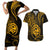 Polynesian Guam Coat of Arms Couples Matching Short Sleeve Bodycon Dress and Hawaiian Shirt Polynesian Tribal Tattoo Gold Version