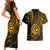 Polynesian Guam Coat of Arms Couples Matching Short Sleeve Bodycon Dress and Hawaiian Shirt Polynesian Tribal Tattoo Gold Version