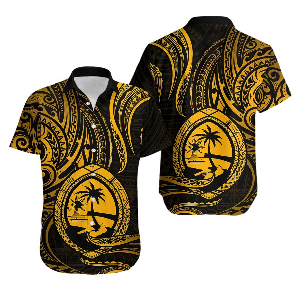 Polynesian Pride Guam Hawaiian Shirt With Polynesian Tribal Tattoo and Coat of Arms Gold Version LT9 Gold - Polynesian Pride
