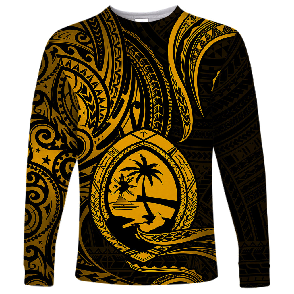 Polynesian Pride Guam Long Sleeve Shirt With Polynesian Tribal Tattoo and Coat of Arms Gold Version LT9 Unisex Gold - Polynesian Pride