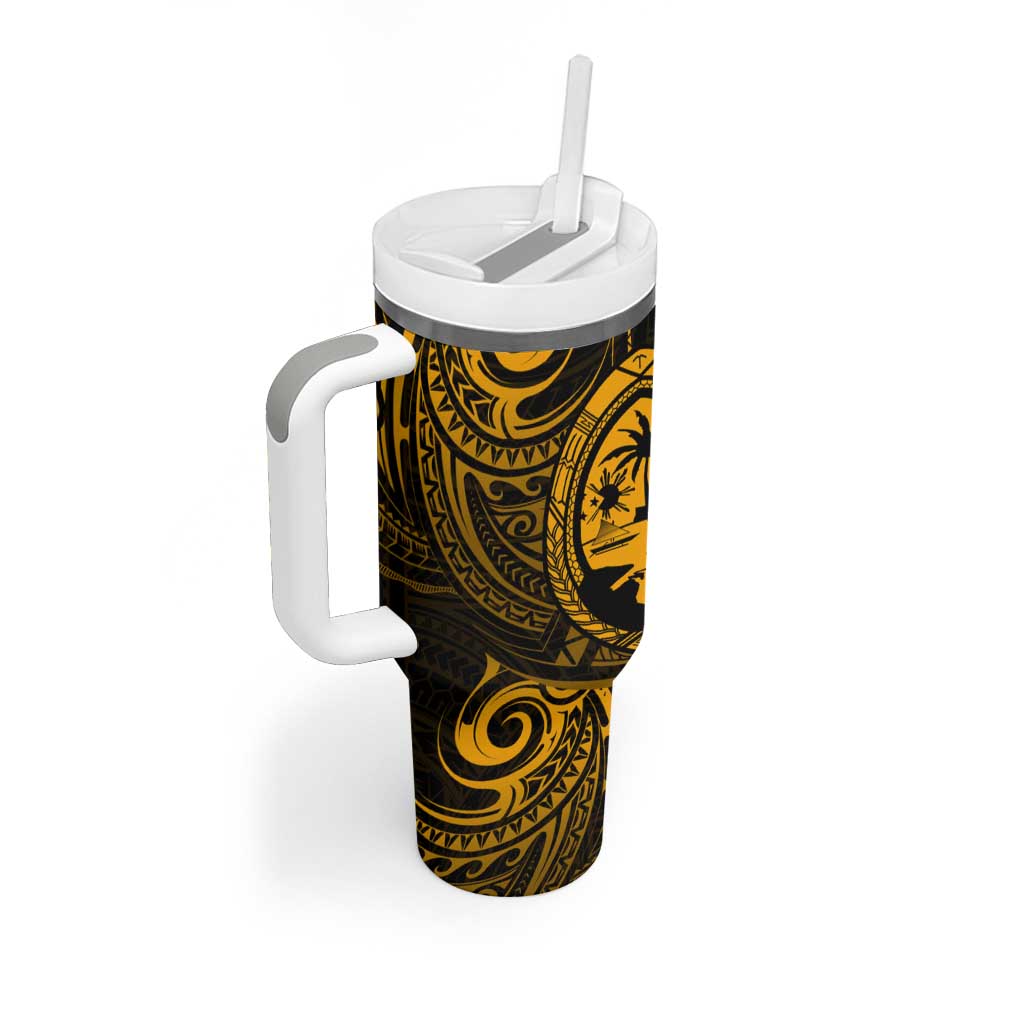 Polynesian Guam Coat of Arms Tumbler With Handle Polynesian Tribal Tattoo Gold Version LT9 - Polynesian Pride