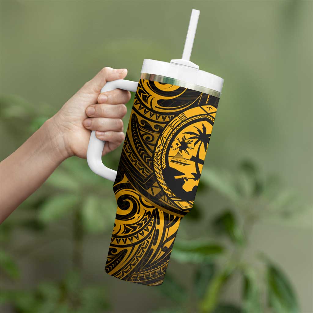 Polynesian Guam Coat of Arms Tumbler With Handle Polynesian Tribal Tattoo Gold Version LT9 - Polynesian Pride