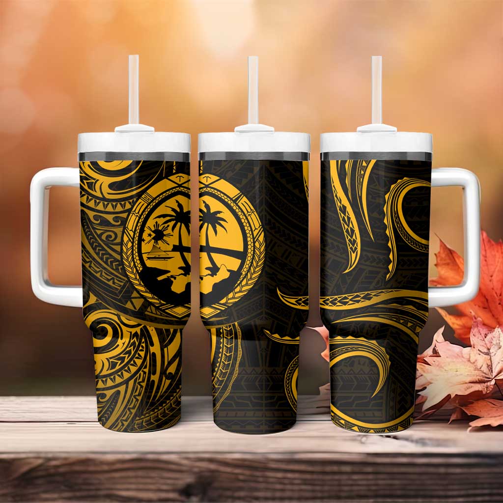 Polynesian Guam Coat of Arms Tumbler With Handle Polynesian Tribal Tattoo Gold Version LT9 - Polynesian Pride