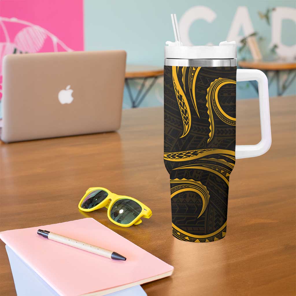 Polynesian Guam Coat of Arms Tumbler With Handle Polynesian Tribal Tattoo Gold Version LT9 - Polynesian Pride