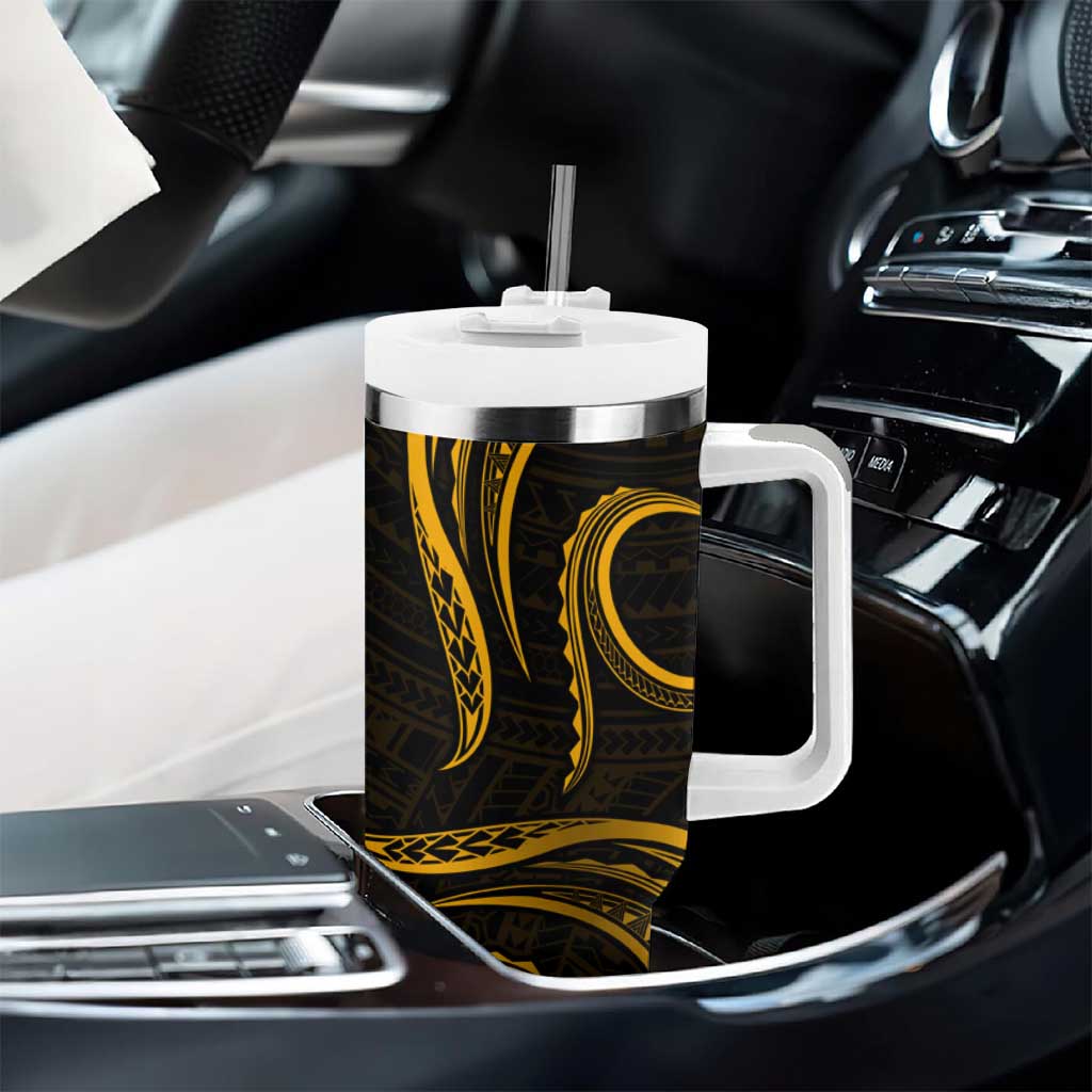 Polynesian Guam Coat of Arms Tumbler With Handle Polynesian Tribal Tattoo Gold Version LT9 - Polynesian Pride