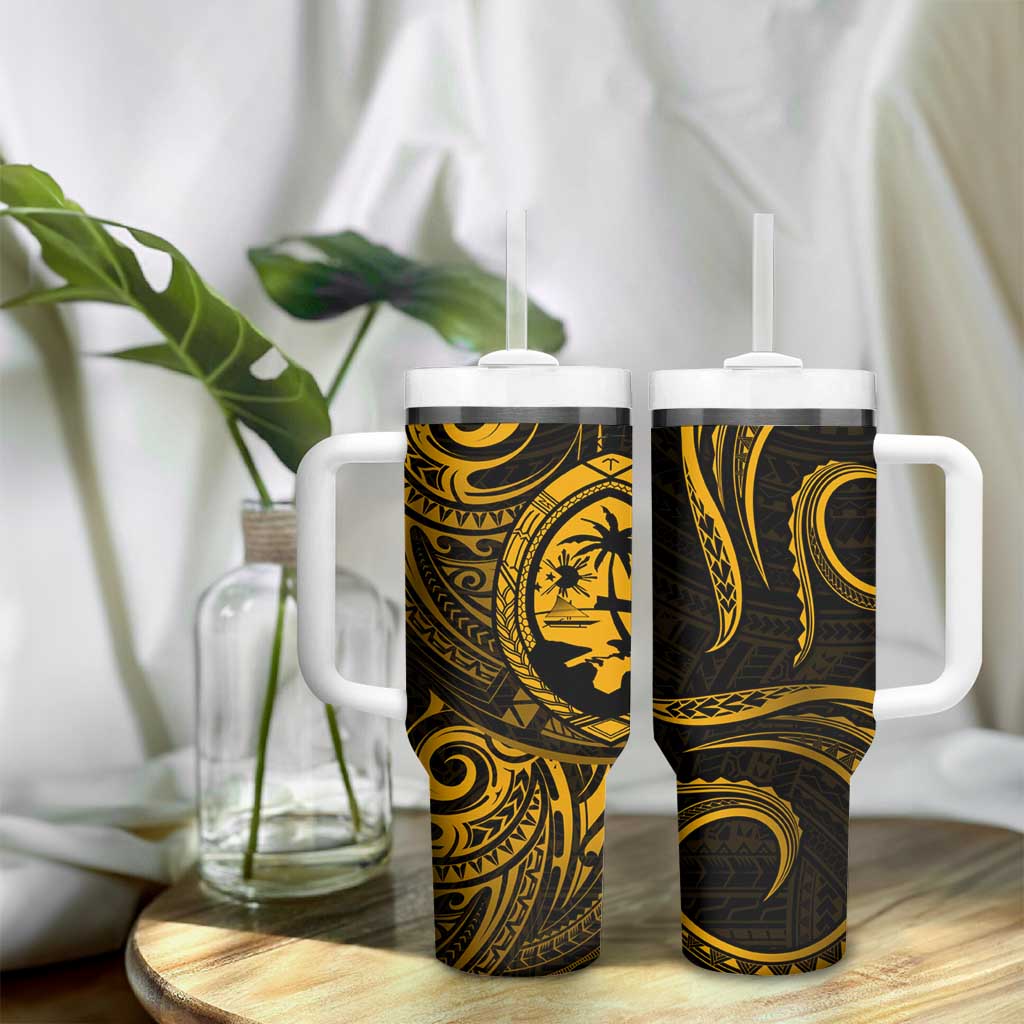 Polynesian Guam Coat of Arms Tumbler With Handle Polynesian Tribal Tattoo Gold Version LT9 - Polynesian Pride