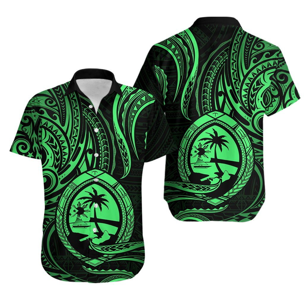Polynesian Pride Guam Hawaiian Shirt With Polynesian Tribal Tattoo and Coat of Arms Green Version LT9 Green - Polynesian Pride