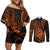 Polynesian Guam Coat of Arms Couples Matching Off Shoulder Short Dress and Long Sleeve Button Shirt Polynesian Tribal Tattoo Orange Version