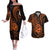 Polynesian Guam Coat of Arms Couples Matching Off The Shoulder Long Sleeve Dress and Hawaiian Shirt Polynesian Tribal Tattoo Orange Version