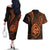 Polynesian Guam Coat of Arms Couples Matching Off The Shoulder Long Sleeve Dress and Hawaiian Shirt Polynesian Tribal Tattoo Orange Version