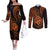 Polynesian Guam Coat of Arms Couples Matching Off The Shoulder Long Sleeve Dress and Long Sleeve Button Shirt Polynesian Tribal Tattoo Orange Version