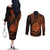 Polynesian Guam Coat of Arms Couples Matching Off The Shoulder Long Sleeve Dress and Long Sleeve Button Shirt Polynesian Tribal Tattoo Orange Version