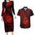 Polynesian Guam Coat of Arms Couples Matching Long Sleeve Bodycon Dress and Hawaiian Shirt Polynesian Tribal Tattoo Red Version