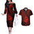 Polynesian Guam Coat of Arms Couples Matching Off The Shoulder Long Sleeve Dress and Hawaiian Shirt Polynesian Tribal Tattoo Red Version