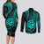 Polynesian Guam Coat of Arms Couples Matching Long Sleeve Bodycon Dress and Long Sleeve Button Shirt Polynesian Tribal Tattoo Turquoise Version