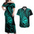 Polynesian Guam Coat of Arms Couples Matching Off Shoulder Maxi Dress and Hawaiian Shirt Polynesian Tribal Tattoo Turquoise Version