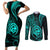 Polynesian Guam Coat of Arms Couples Matching Short Sleeve Bodycon Dress and Long Sleeve Button Shirt Polynesian Tribal Tattoo Turquoise Version