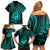 Polynesian Guam Coat of Arms Family Matching Off Shoulder Short Dress and Hawaiian Shirt Polynesian Tribal Tattoo Turquoise Version