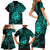 Polynesian Guam Coat of Arms Family Matching Short Sleeve Bodycon Dress and Hawaiian Shirt Polynesian Tribal Tattoo Turquoise Version