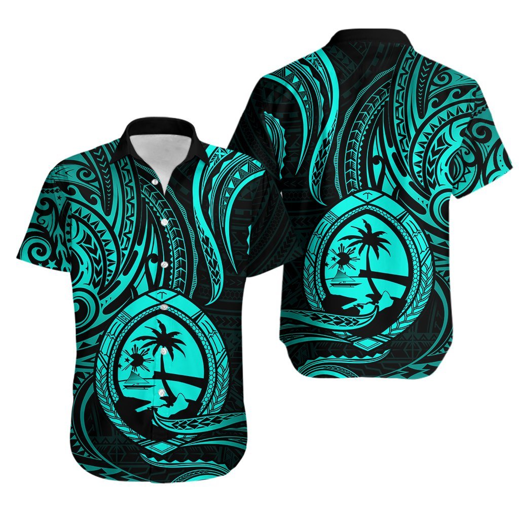 Polynesian Pride Guam Hawaiian Shirt With Polynesian Tribal Tattoo and Coat of Arms Turquoise Version LT9 turquoise - Polynesian Pride