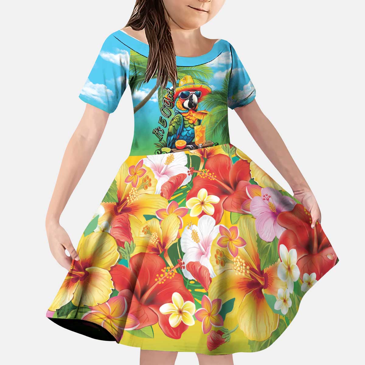 Always 5 O'clock Kid Short Sleeve Dress Hawaiian Tropical Parrot LT9 KID Blue - Polynesian Pride