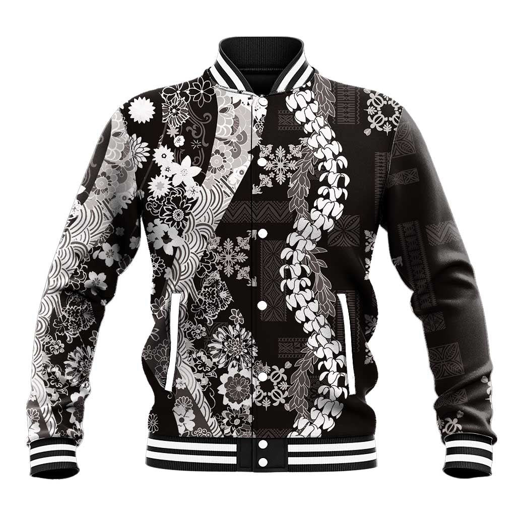 Hawaii Puakenikeni and Maile Lei Baseball Jacket Black Japanese Wave Style LT9 Unisex Black - Polynesian Pride