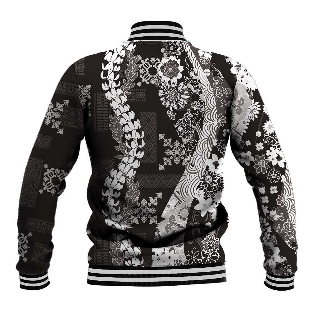 Hawaii Puakenikeni and Maile Lei Baseball Jacket Black Japanese Wave Style LT9 - Polynesian Pride