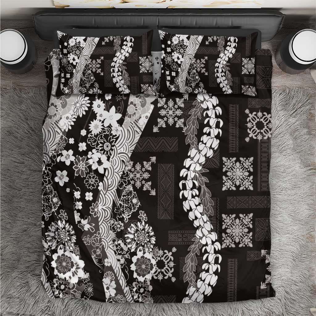 Hawaii Puakenikeni and Maile Lei Bedding Set Black Japanese Wave Style LT9 Black - Polynesian Pride