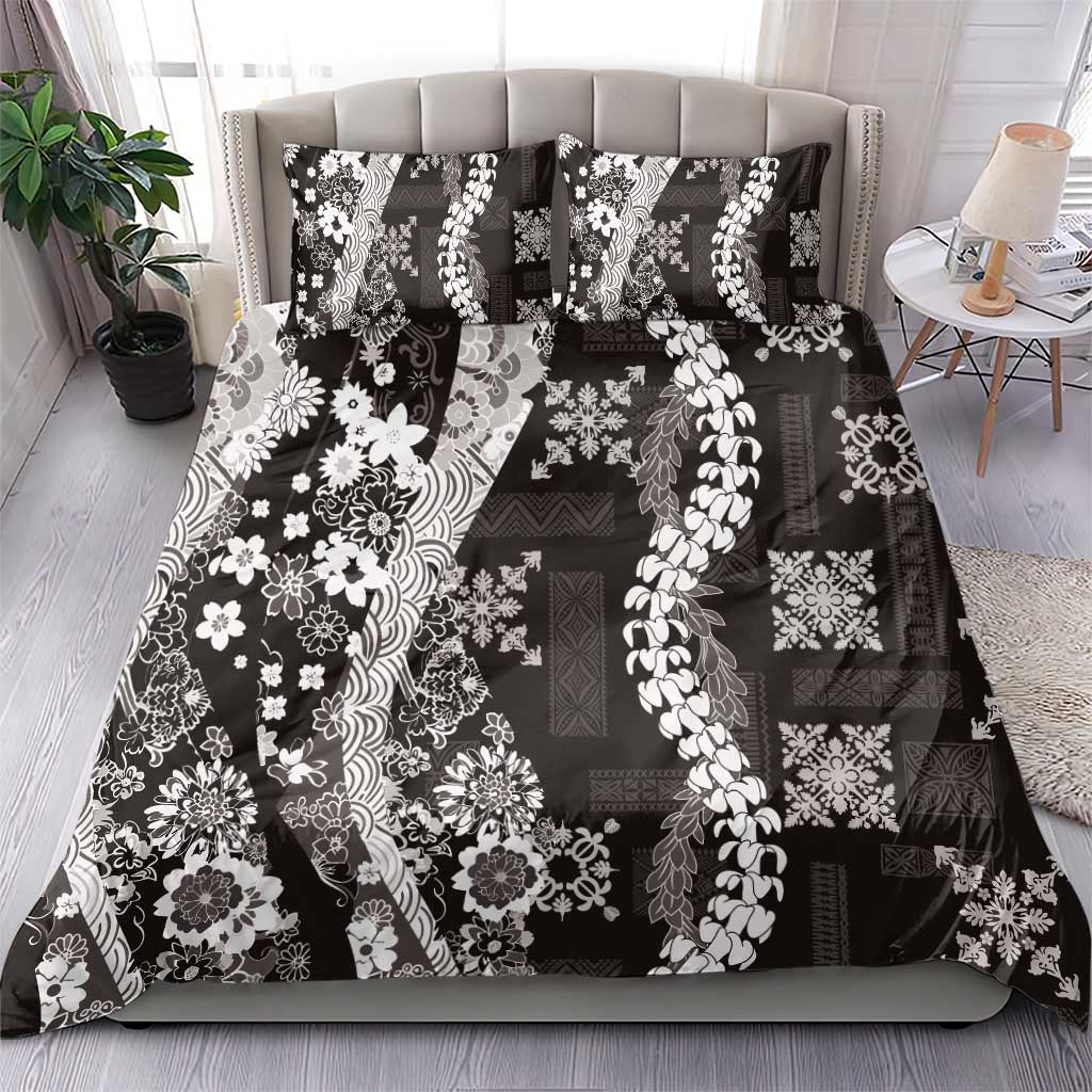 Hawaii Puakenikeni and Maile Lei Bedding Set Black Japanese Wave Style LT9 - Polynesian Pride