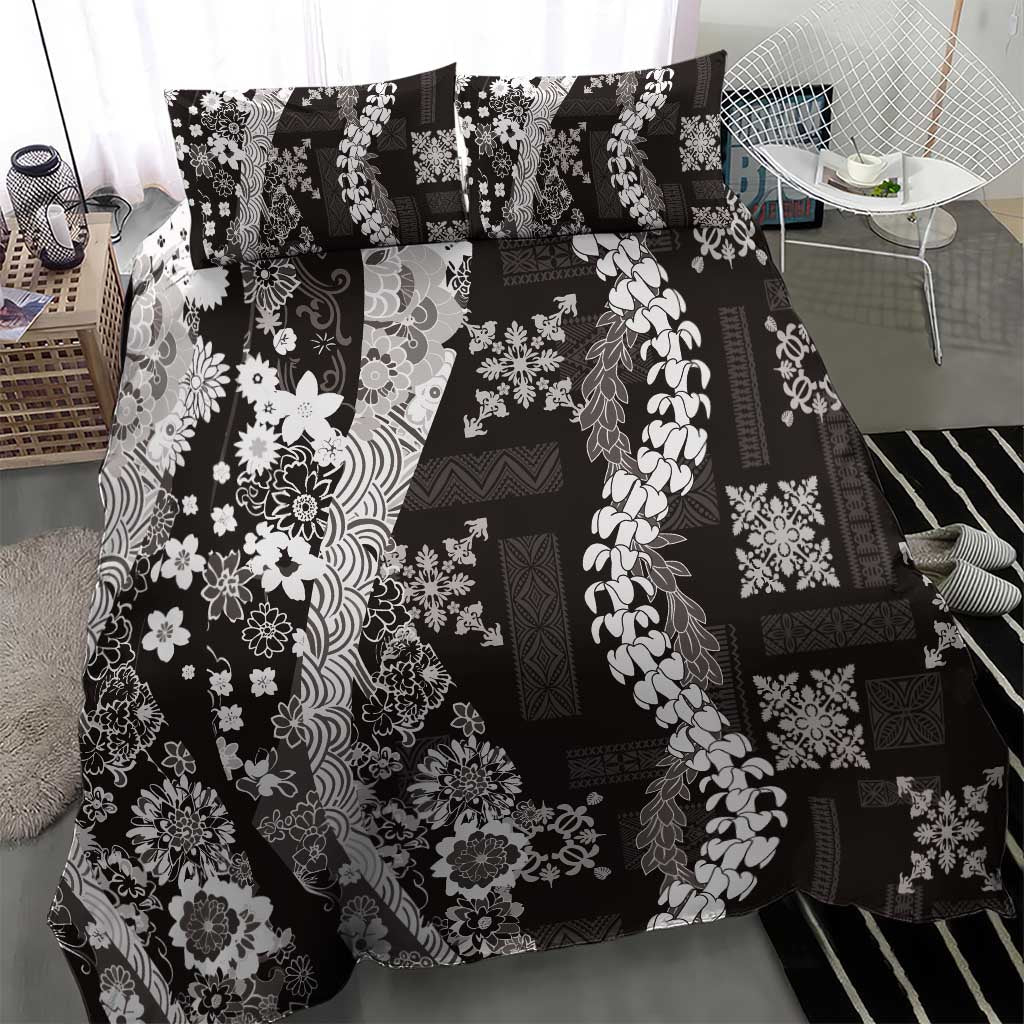 Hawaii Puakenikeni and Maile Lei Bedding Set Black Japanese Wave Style LT9 - Polynesian Pride