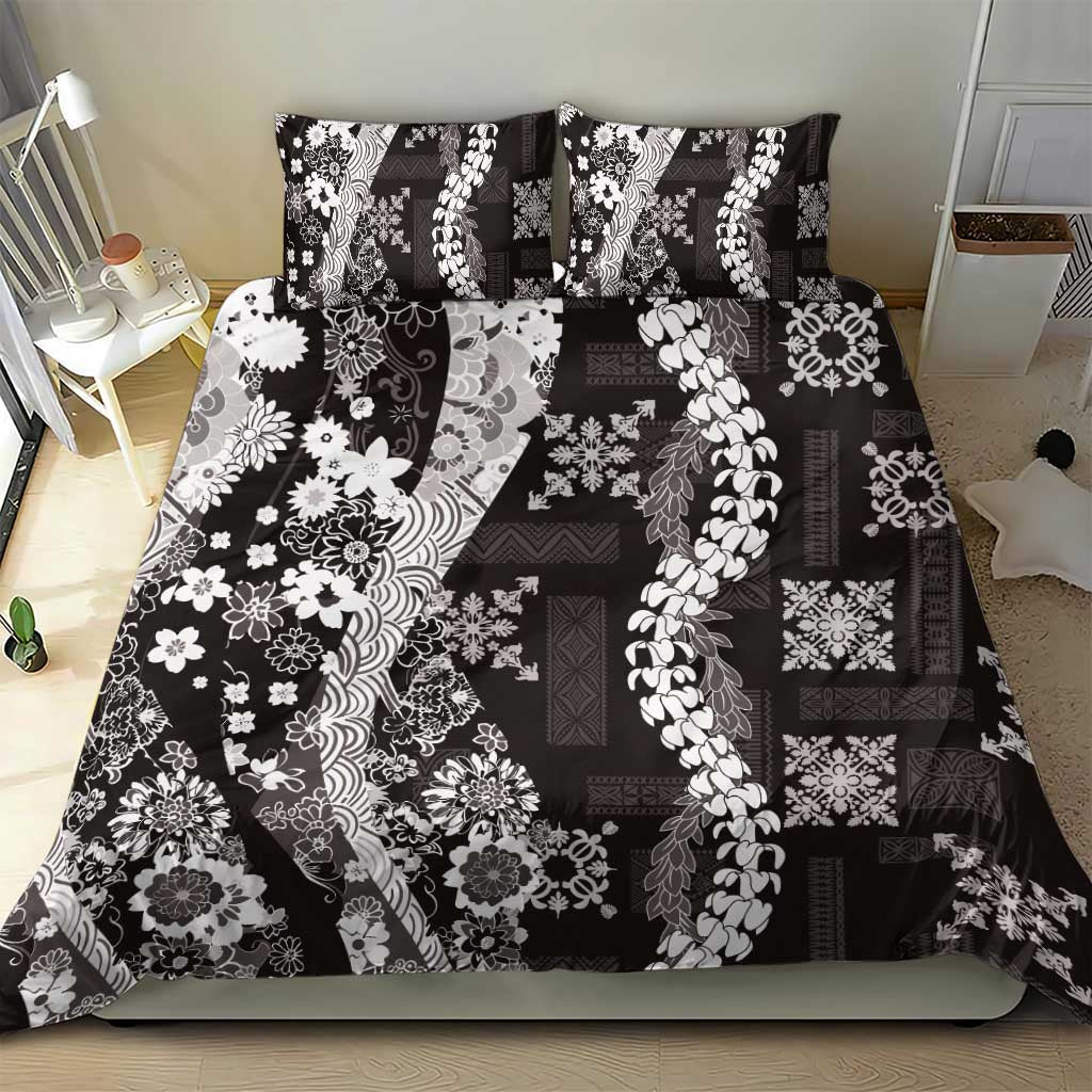 Hawaii Puakenikeni and Maile Lei Bedding Set Black Japanese Wave Style LT9 - Polynesian Pride