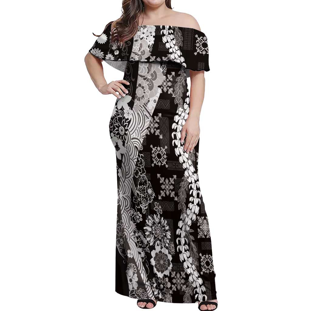Hawaii Puakenikeni and Maile Lei Off Shoulder Maxi Dress Black Japanese Wave Style LT9 Women Black - Polynesian Pride